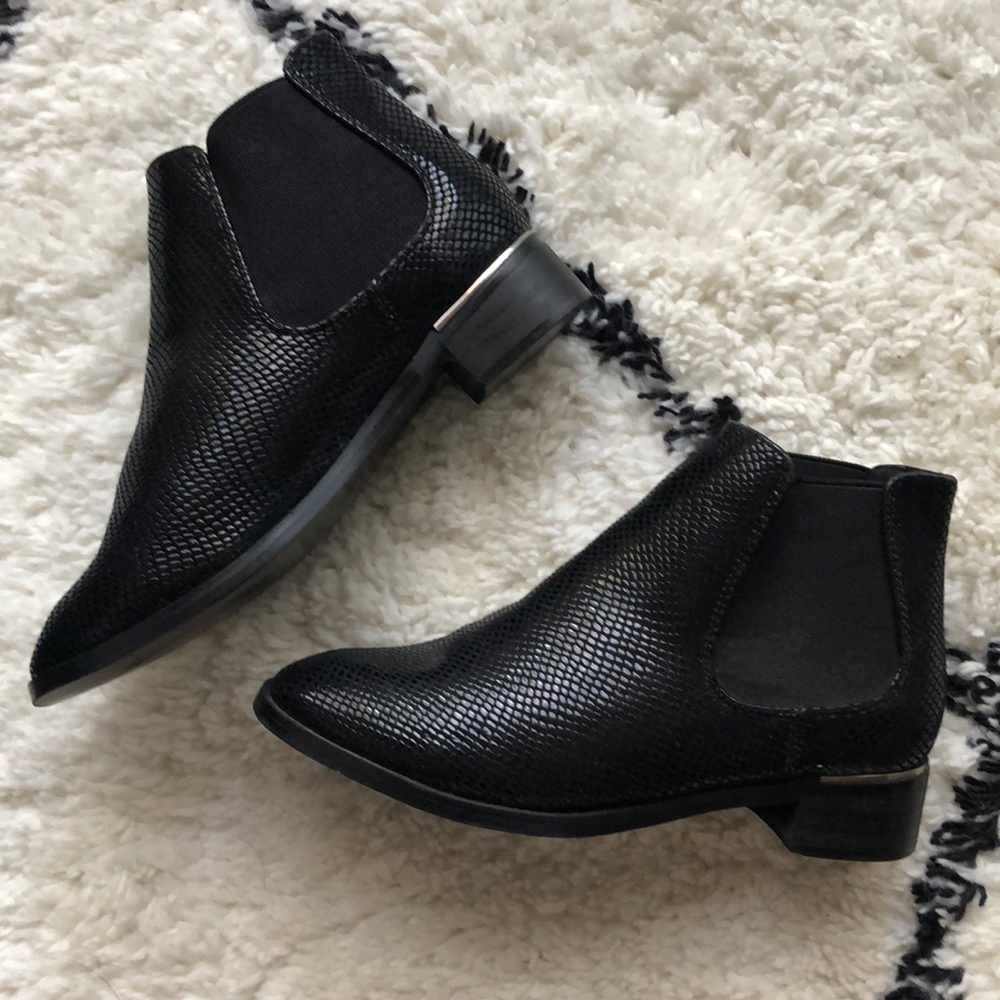 Black faux snakeskin Chelsea booties